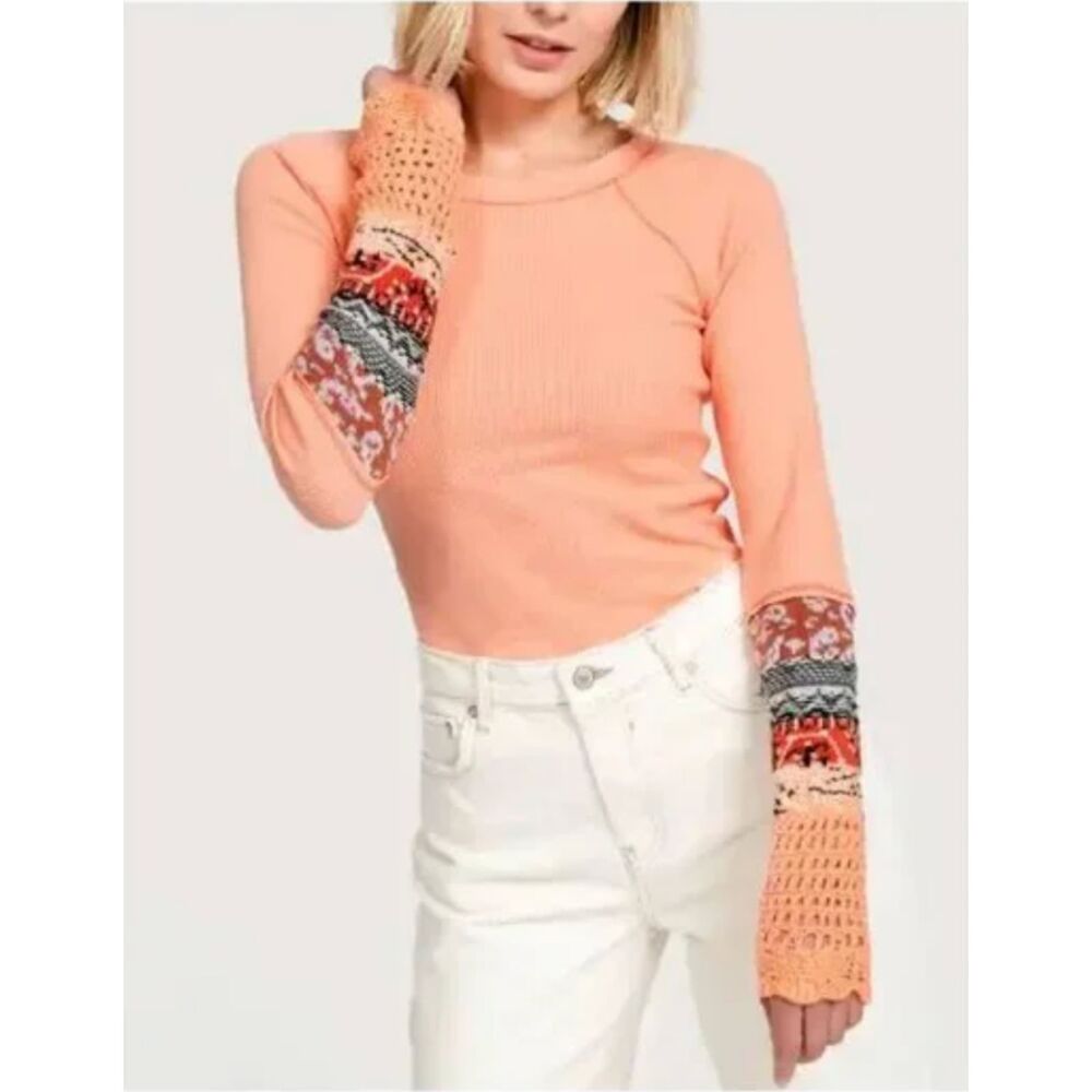 FREE PEOPLE The Mix Cuff Thermal Orange Coral Waffle Knit Crochet Top Womens XS